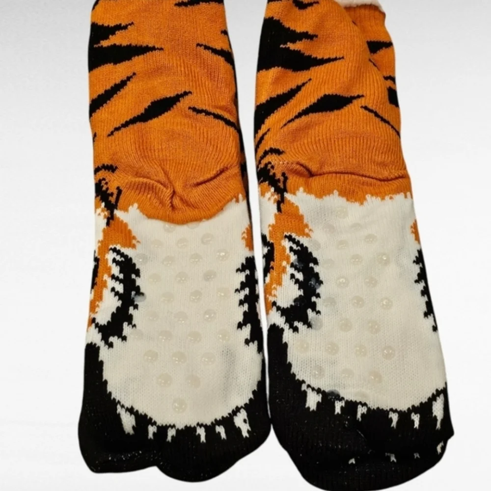 Tiger Sherpa Lined Slipper Socks Non Skid One Size